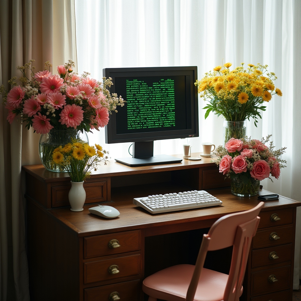 Sélection de bouquets sur un bureau d'ordinateur vintage