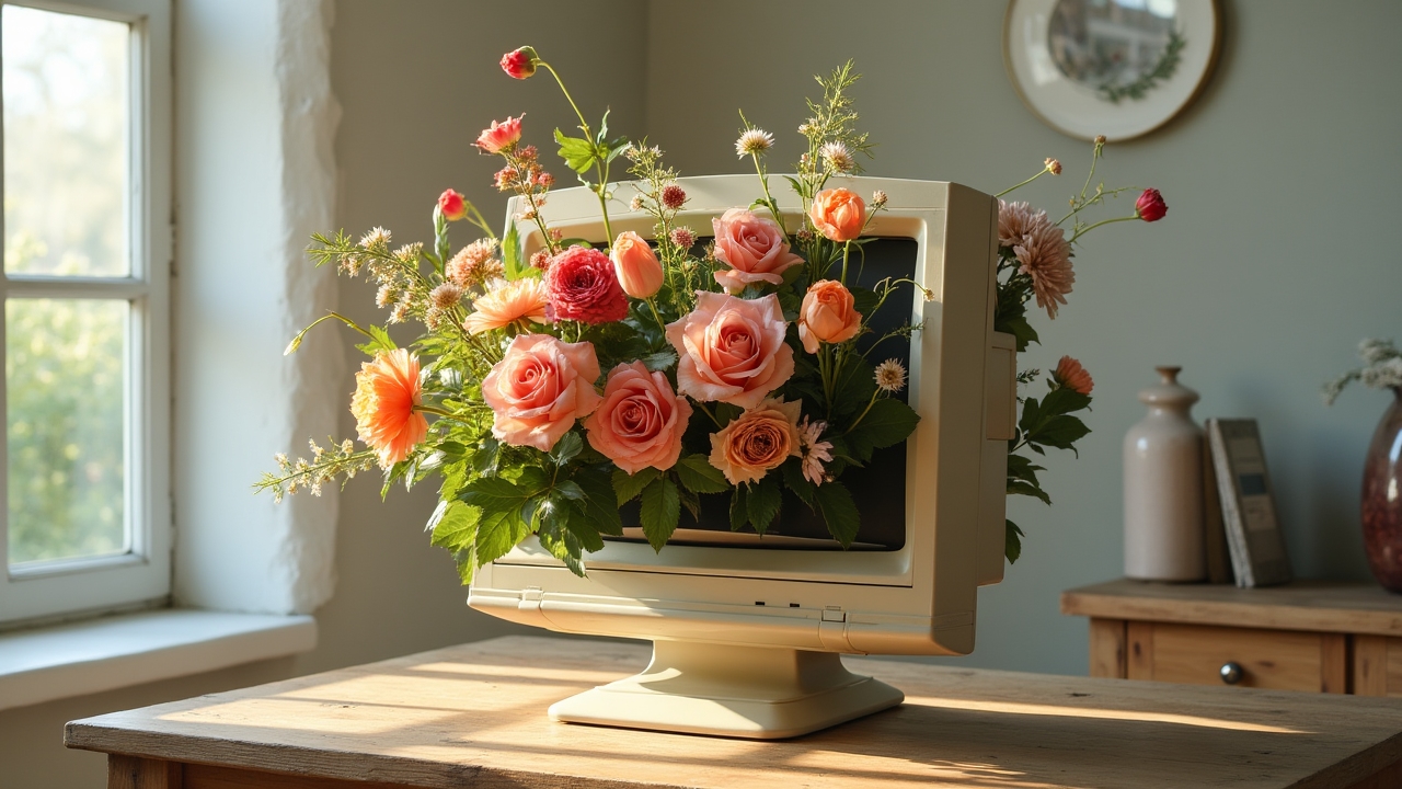 Arrangement floral dans un moniteur d'ordinateur vintage