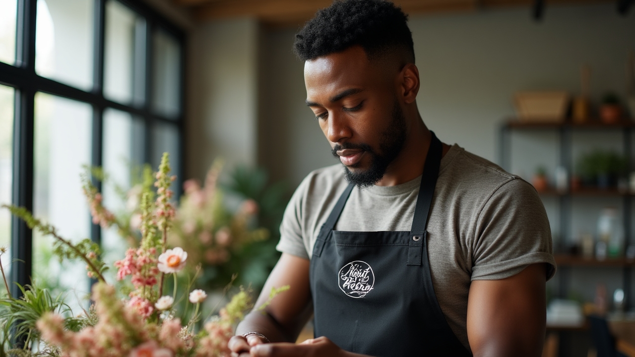 Designer floral de Vbrightgrove travaillant sur un arrangement dans un terminal d'ordinateur recyclé