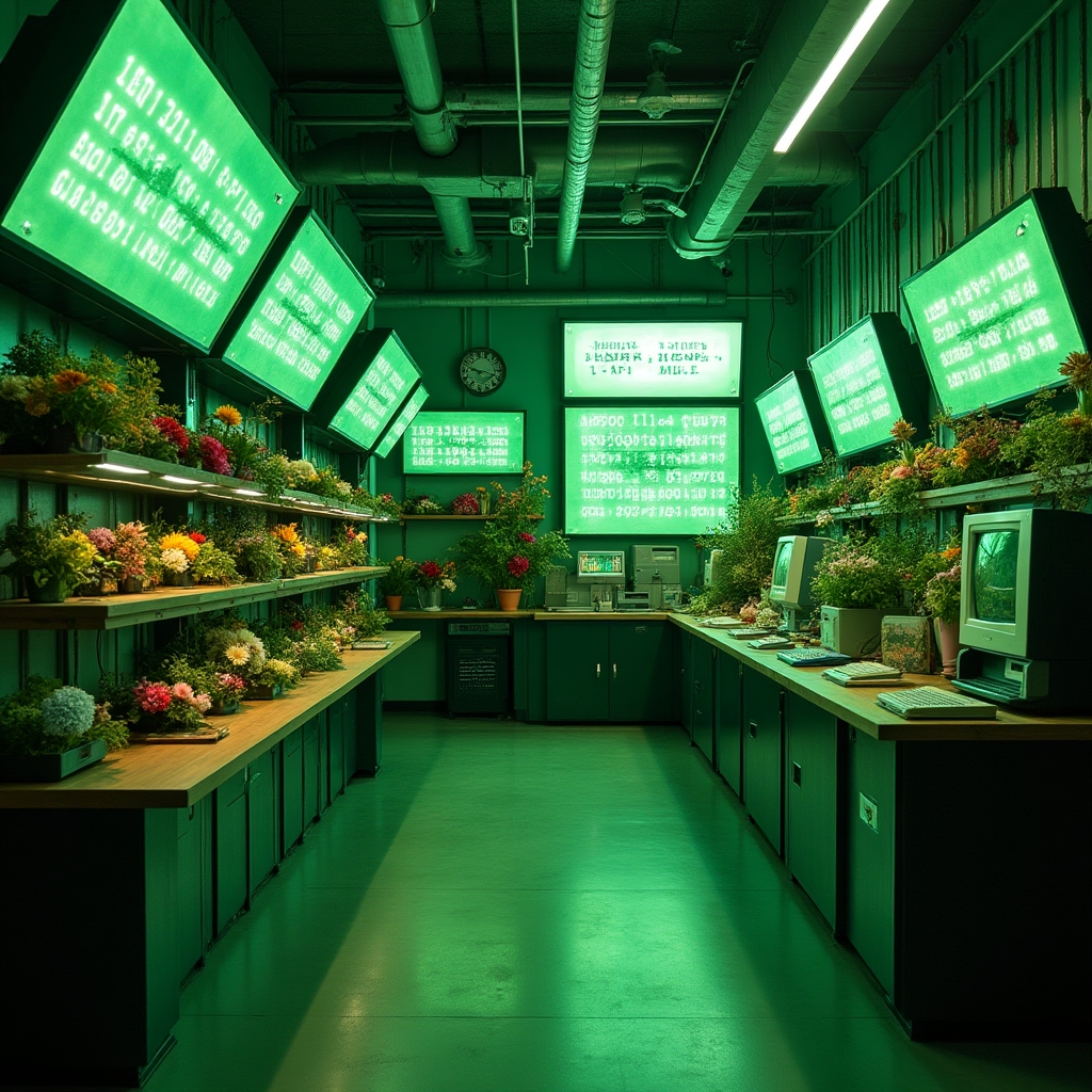 Intérieur de la boutique Vbrightgrove avec écrans terminaux et arrangements floraux